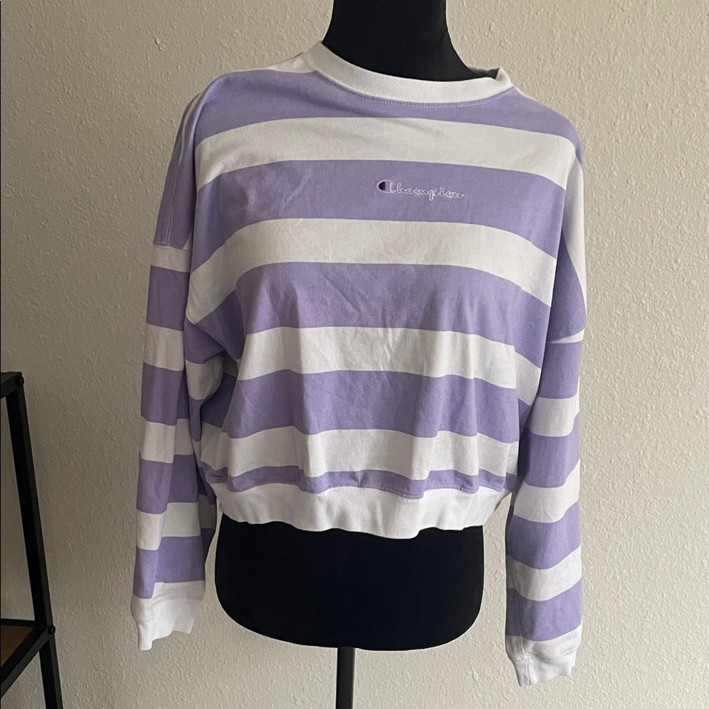 Champion Women's Lavender and White Striped Sweatshirt